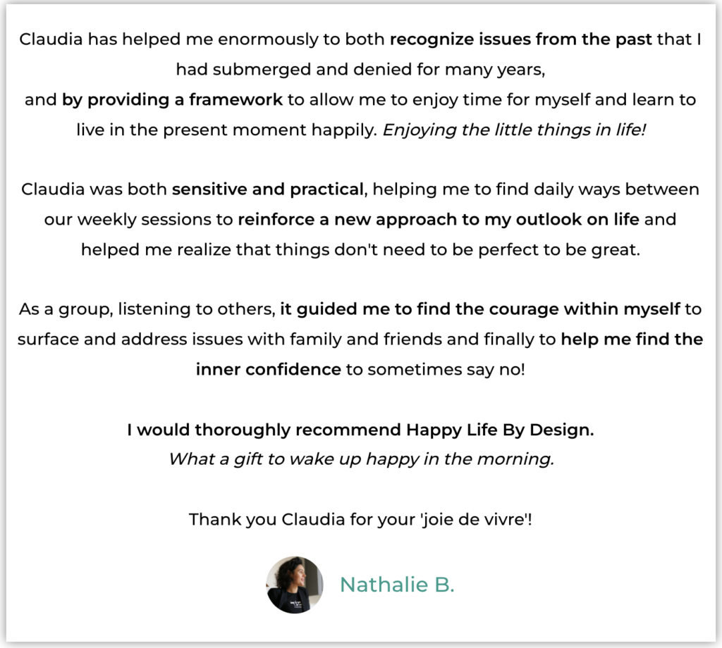Testimonial Nathalie - Happy Life by Design